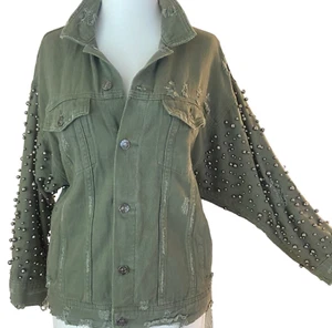 Sunset + Spring Embellished Oversized Distressed Denim Jacket Size XS Green - Picture 1 of 12