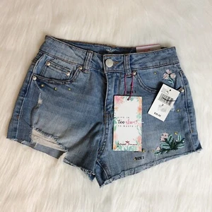 Almost Famous Sz 3 Juniors Girls High Rise Denim Mini Shorts Floral Embroidered - Picture 1 of 11