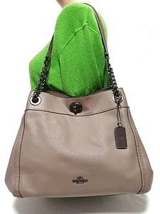 COACH EDDIE TAUPE LEATHER TURNLOCK CARRYALL SHOULDER HANDBAG 36855 - Picture 1 of 16