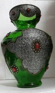 Vintage Eastern Large Green Glass Metal & Pewter Hammered Enclosed Vase 32cm H - Picture 1 of 12