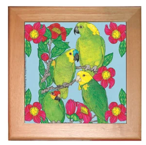 Amazon Parrot Kitchen Ceramic Trivet Framed in Pine 8" x 8" - Picture 1 of 1