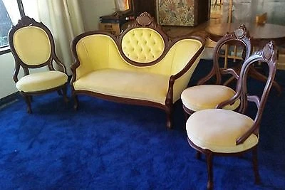 Antique Victorian style yellow tufted cameo parlor sofa & three chairs can ship! Cover