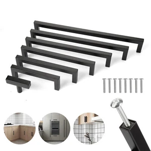 Matte Black Square Modern Cabinet Handles Pulls Kitchen Drawer Stainless Steel  - Picture 1 of 17