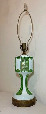 LARGE antique cut to clear Bohemian Czech glass crystal brass table lamp green - Image 1 of 4