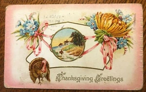 Tarjeta postal en relieve de saludos de Acción de Gracias de 10 de colección escena de granja de pavo algo de oro - Imagen 1 de 8