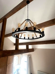 Large Ceiling Hanging Light Industrial Chandelier Black & Hemp Rope, 12 Bulb - Picture 1 of 4