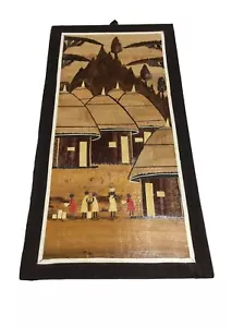 African Art Banana Leaf Collage Family Village Life sz 16" x 8" Wall Art - Picture 1 of 7