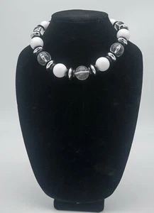Chunky White & Clear Beaded Necklace with silver toned and black accents - Picture 1 of 3
