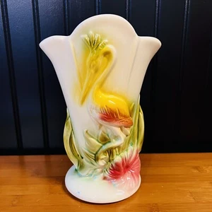 Vintage Rumpf Keramik Flamingo Reiher Kranich Hibiskus Vase #78 gelb und grün - Bild 1 von 11