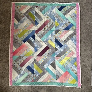 Vintage Scrap Baby Quilt Patchwork Floral Flowers Blue Pink 48x50 Inch Blanket - Picture 1 of 7