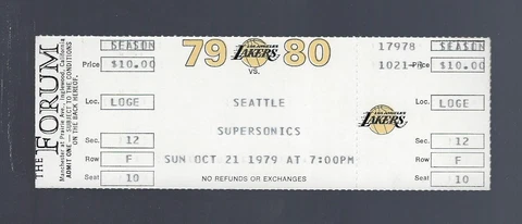 MAGIC JOHNSON ROOKIE - 1979 NBA SONICS @ LOS ANGELES LAKERS FULL TICKET - OCT 21 Cover