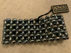 new Honora gray black goth peacock cultured pearl wide flexible bracelet QVC NWT - Picture 1 of 6