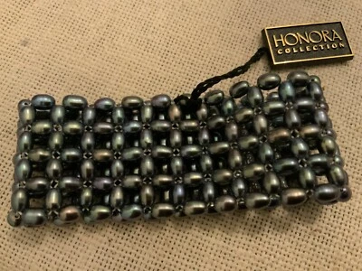 new Honora gray black goth peacock cultured pearl wide flexible bracelet QVC NWT - Image 1 of 4