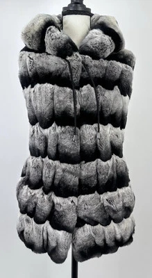 ⭐️ DREAM OF ALICE Chinchilla Rex Rabbit Fur Hood Vest Gilet Sz Small - Image 1 of 4