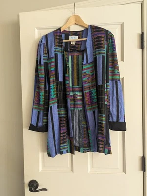 Jaqueta cardigã vintage Peri Petites feminina tamanho 10 frente aberta camada abstrata - Imagem 1 de 4