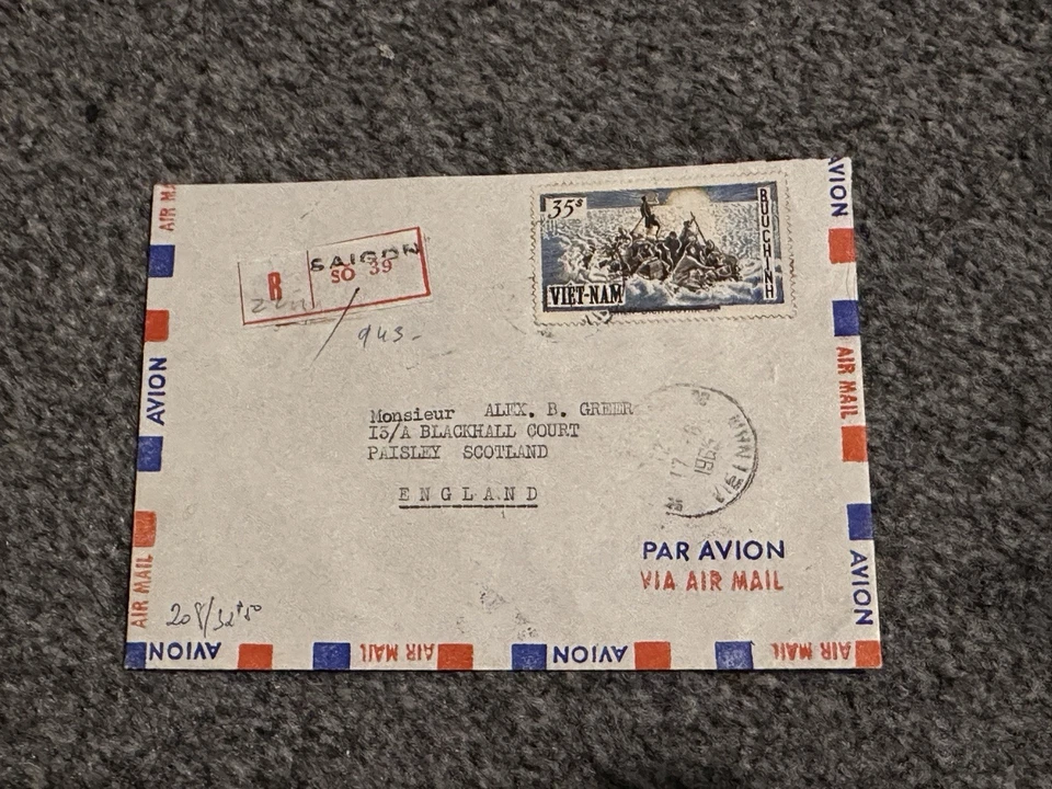 RARO SELLO DE CUBIERTA DE VIETNAM DEL SUR 1965 refugiados en balsa sobreimpreso a Escocia Reg Foto 1 de 4