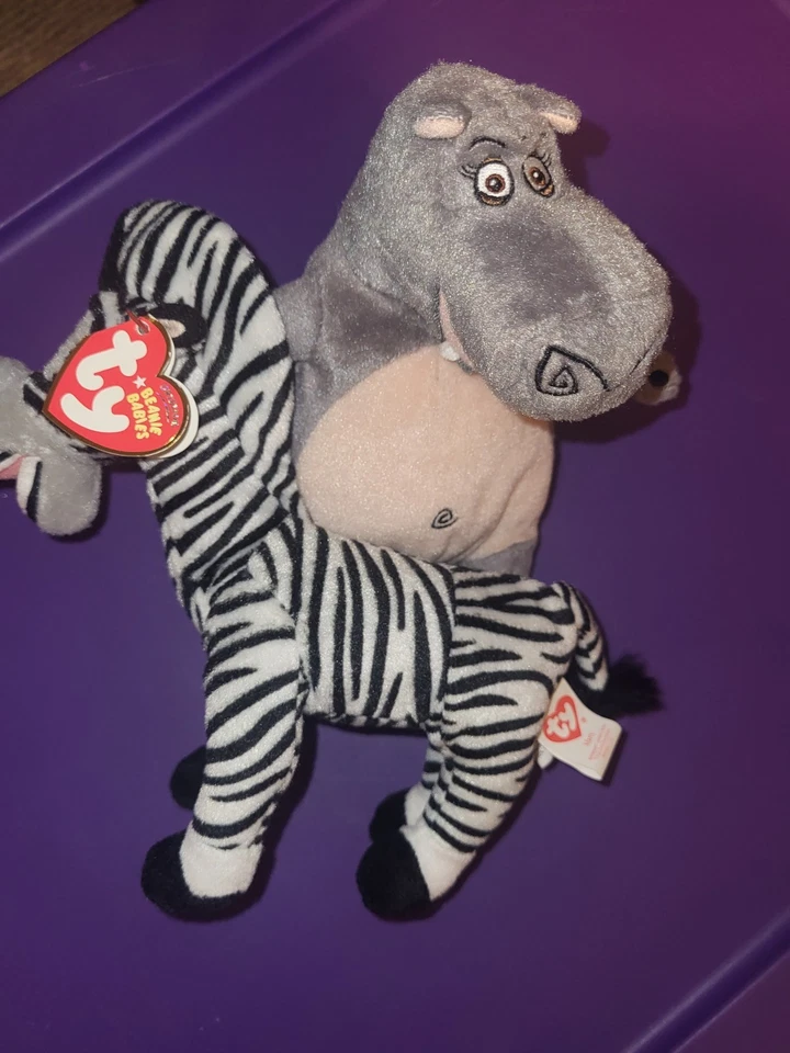 Ty Beanies, 8 Inch MARTY ZEBRA and GLORIA HIPPO, Madagascar Escape 2 Africa - Image 1 of 4