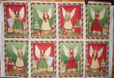 Choirs of Angel cotton quilt fabric panel red green holiday Christmas Betterley - Image 1 of 4