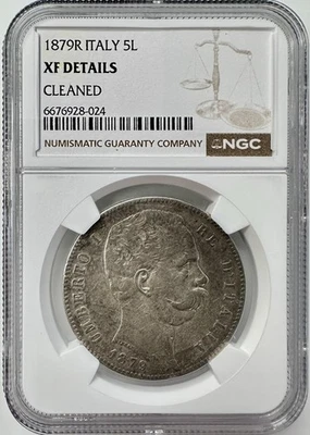 1879-R Italy 5 Lire Umberto I, NGC XF DETAILS CLEANED KM# 20 SILVER COIN - Image 1 of 2
