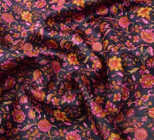 Sushila Vintage Hand Block Printed Saree 100% Pure Silk Floral Blue Craft Fabric - Picture 1 of 9