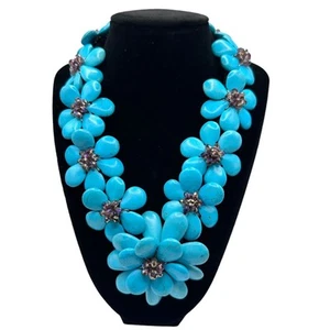 Artisian statement necklace Turquoise Blue Dyed Stone & Rhinestone Flowers Choke - Picture 1 of 9