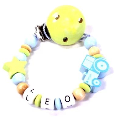 Schnullerkette mit Namen Traktor Stern Baby Junge lemongrün babyblau natur Holz - Bild 1 von 4