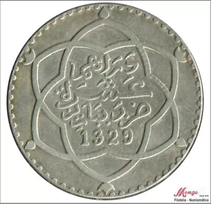 Morocco Rial-10 Dirhams 1329 (1911) / 24.90 Gr. Silver MBC / VF - Picture 1 of 2