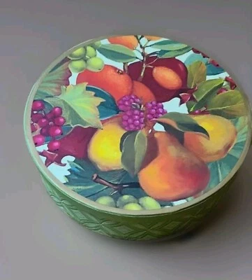 Harry & David Empty Round Cardboard Storage Gift Box Fruit Scene 6" - Image 1 of 4