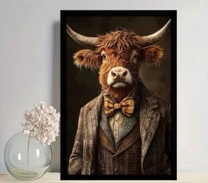 Highland Cow in Tweed Suit & Bow Tie Gerahmtes Leinwandbild Bild Druck 60cm x 40cm - Bild 1 von 5