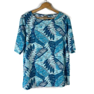 Chico's Womens Blouse Top Size XL Blue Leaf Textured Burn Out Sheer Short Sleeve - Picture 1 of 10