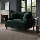 Green Velvet Loveseat with Dark Wood Gold Legs Saddle Arms Traditional Style