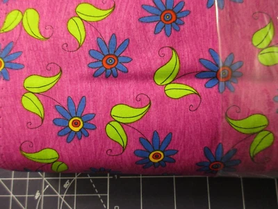 1 Yard Cotton Fabric Blue Flowers Green Leaves on Purple Paislez & Daisiez - Image 1 of 2