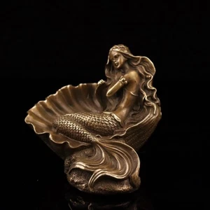 Chinese Copper bronze Handmade Carved Exquisite Shell Mermaid Statue - Picture 1 of 8