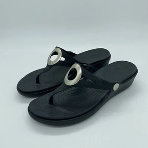 Crocs Sanrah Sandals Slip On Silver Ring Wedge Summer Solid Black Size 9 Womens - Picture 1 of 6