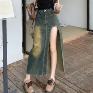 Women Denim Skirt Cut Out Slit High Waist Jeans Midi Sexy Half Dress Fashion New - Picture 1 of 14