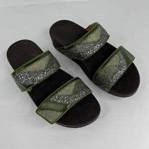 FitFlop Women's Green Silver Glitter Slip On Wedge Sandals Size 7