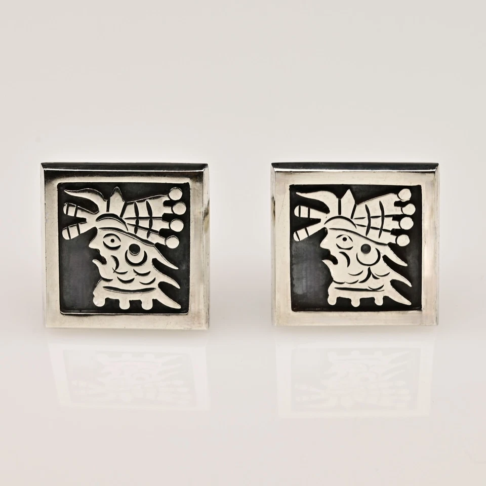 TAXCO Original Vintage Signed Designer Mayan Native Sterling Silver Cufflinks Foto 1 de 1