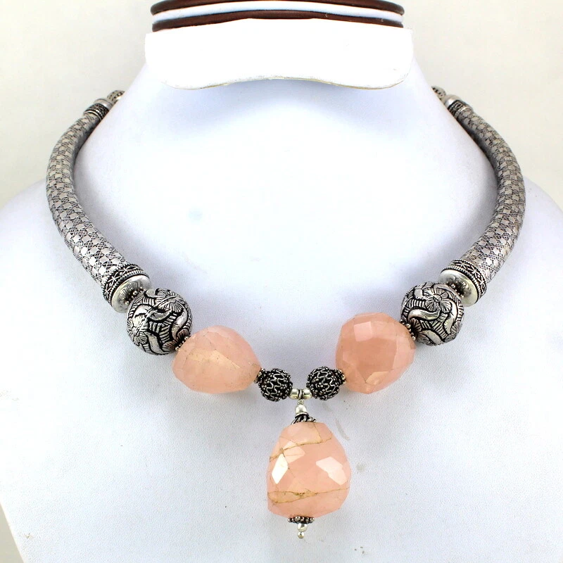 Collar Natural Rosa Cuarzo Piedras Preciosas Hecho a Mano Cuentas Joyería Fina Foto 1 de 1