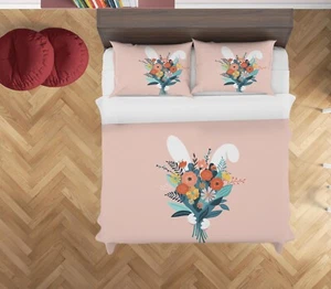 3D Floral Rabbit Cartoon Pink Quilt Cover Set Duvet Cover Bedding Pillowcases - Picture 1 of 6