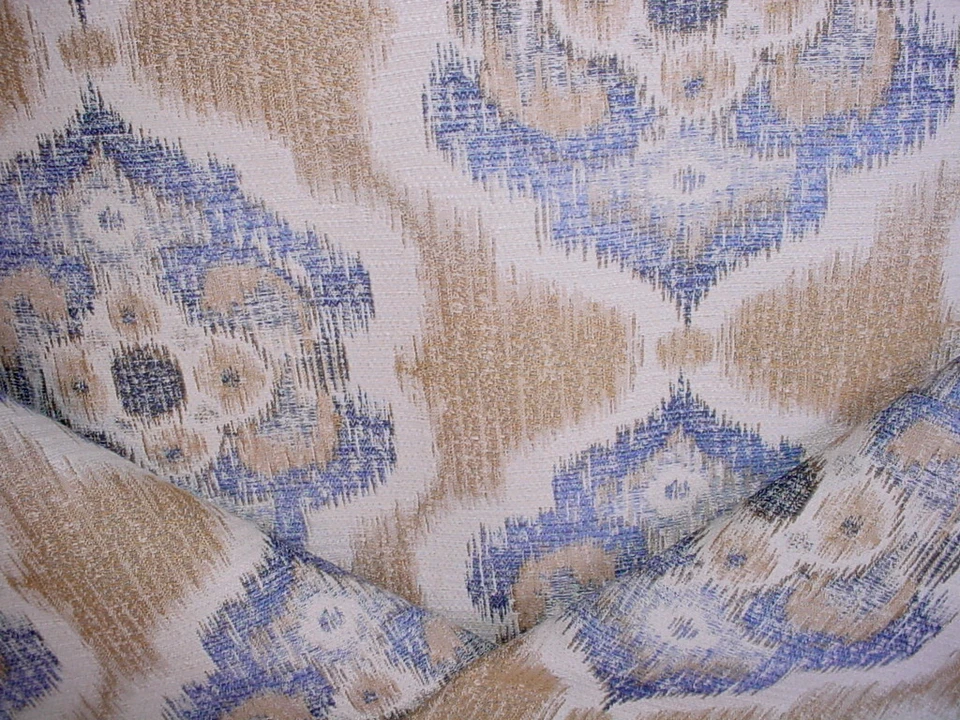 3Y JF Fabrics Decarlo Natural Gold Alabaster Blue Ikat Drapery Upholstery Fabric - Image 1 of 4