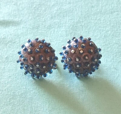 Antique Hand Made Cork Glass Bead Studded Brutalist Screw Back Earrings - Image 1 of 4