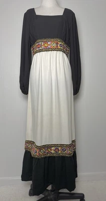 Maxi Vestido De Colección Años 60 70 M Negro Blanco Bordado Bordado Boho Hippie Festival Foto 1 de 4