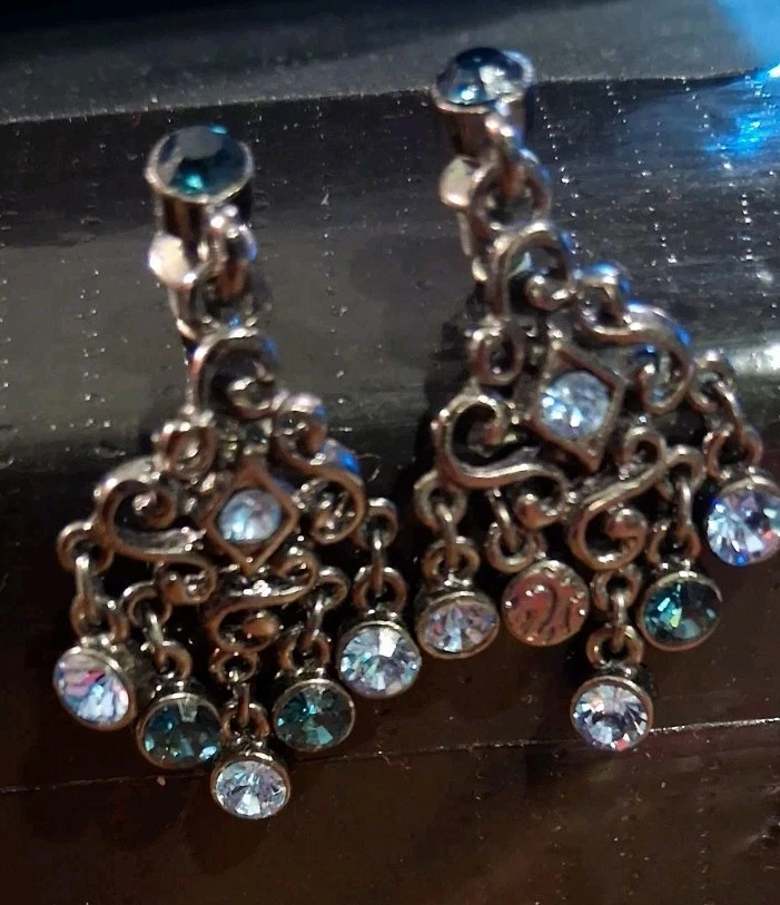 Victorian Blue Faceted Crystal Art Nouveau Silver Scroll Chandelier Earrings - Image 1 of 3