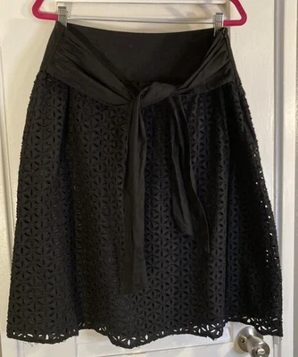 New Kenar Black Eyelet A-Line Lined Linen Blend Skirt Sash Belt Women’s Size L - Imagem 1 de 4