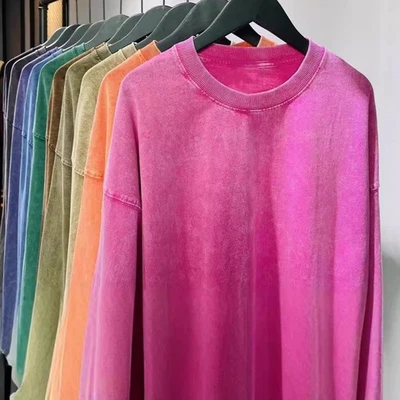 Casual Men Unisex Washed Cotton Sweatshirt Long Sleeve Loose Fit Pullover - Image 1 of 4