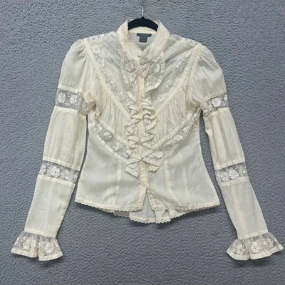 Persaman New York Shirt Womens S Ivory Floral Ruffle Victorian Sheer Cotton - Image 1 of 4