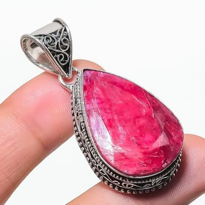 Faceted Kashmiri Ruby Pear Gemstone 925 Sterling Silver Vintage Pendant 2.1" s10 - Image 1 of 4