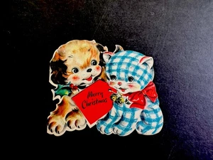 1 Vintage Weihnachtsgrußkarte Liebling Welpe Hund verehrend blau gestreift Kaliko Kätzchen - Bild 1 von 3