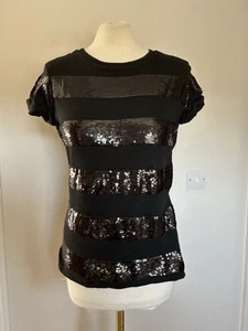 Emporio Armani Black Sequin Striped Short Sleeve Top Uk 10 - Picture 1 of 4