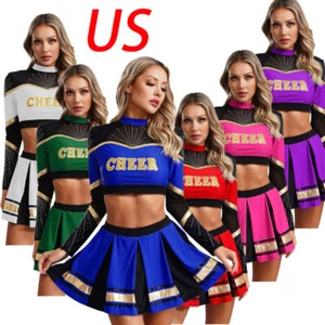 Womens Cheerleader Outfit Long Sleeve Crop Top w/Skirts Costume Cheerleading - Picture 1 of 79